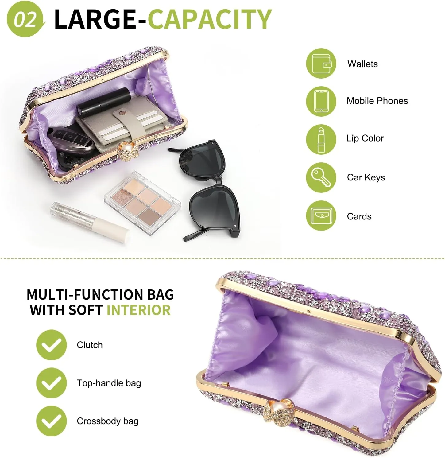 uxcell Evening Bags for Women, Sparkly Crystal Rhinestone Clutch Purse with Chain Strap Shoulder Bag for Wedding Party Evening Weekend, Light Purple