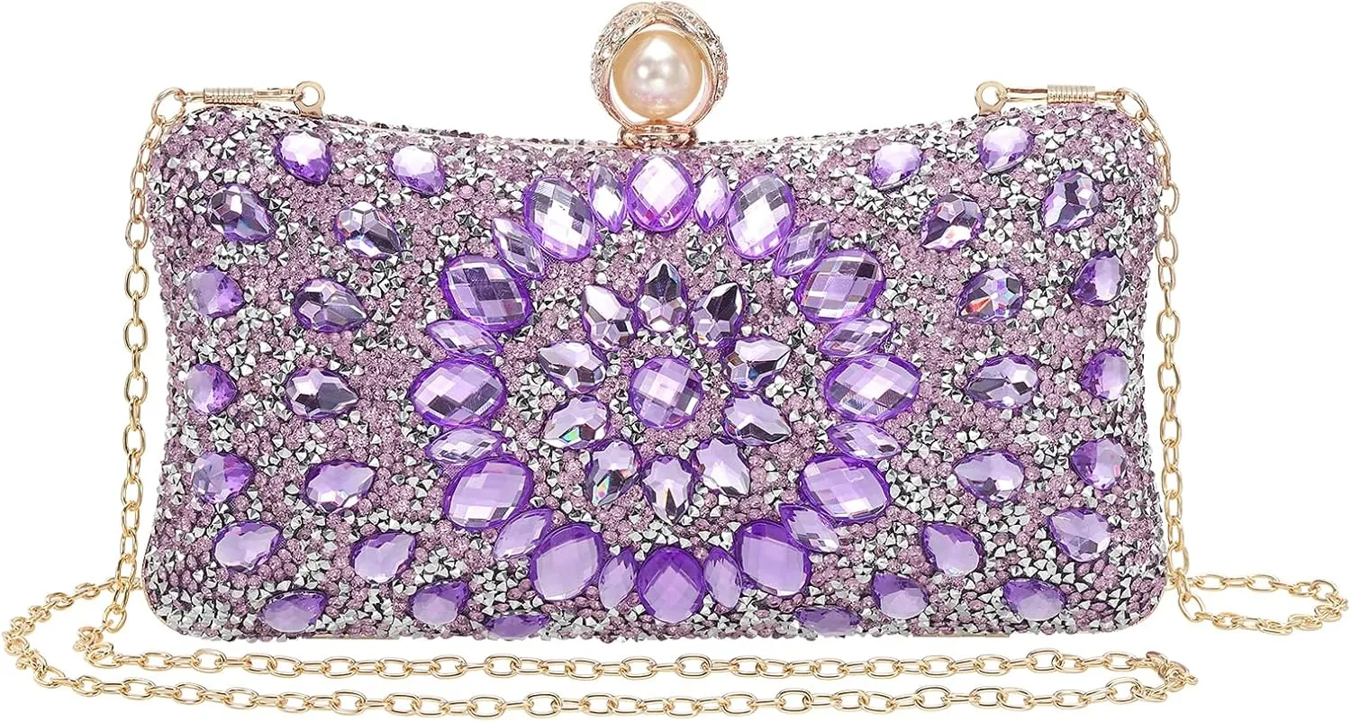 uxcell Evening Bags for Women, Sparkly Crystal Rhinestone Clutch Purse with Chain Strap Shoulder Bag for Wedding Party Evening Weekend, Light Purple