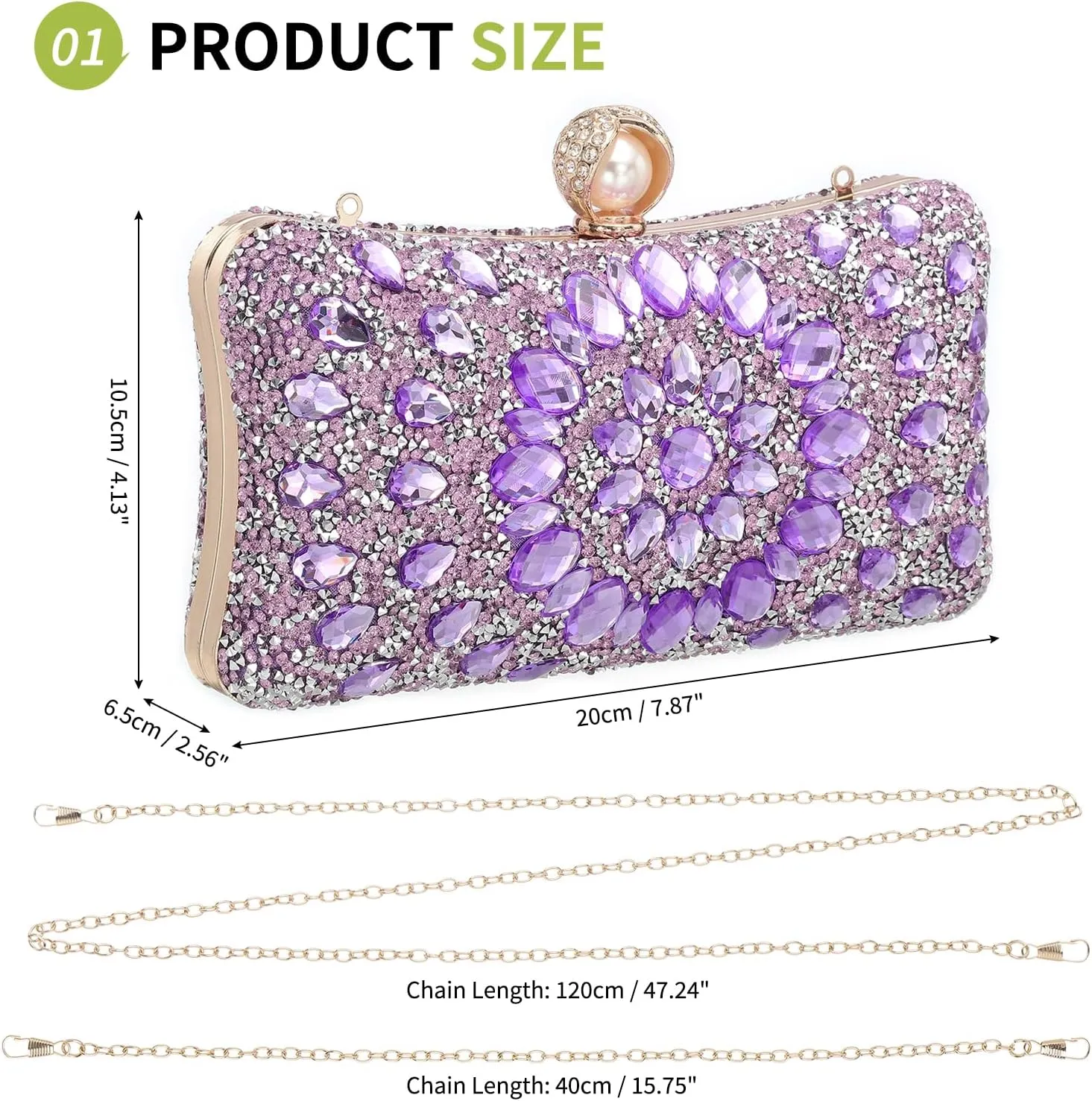 uxcell Evening Bags for Women, Sparkly Crystal Rhinestone Clutch Purse with Chain Strap Shoulder Bag for Wedding Party Evening Weekend, Light Purple