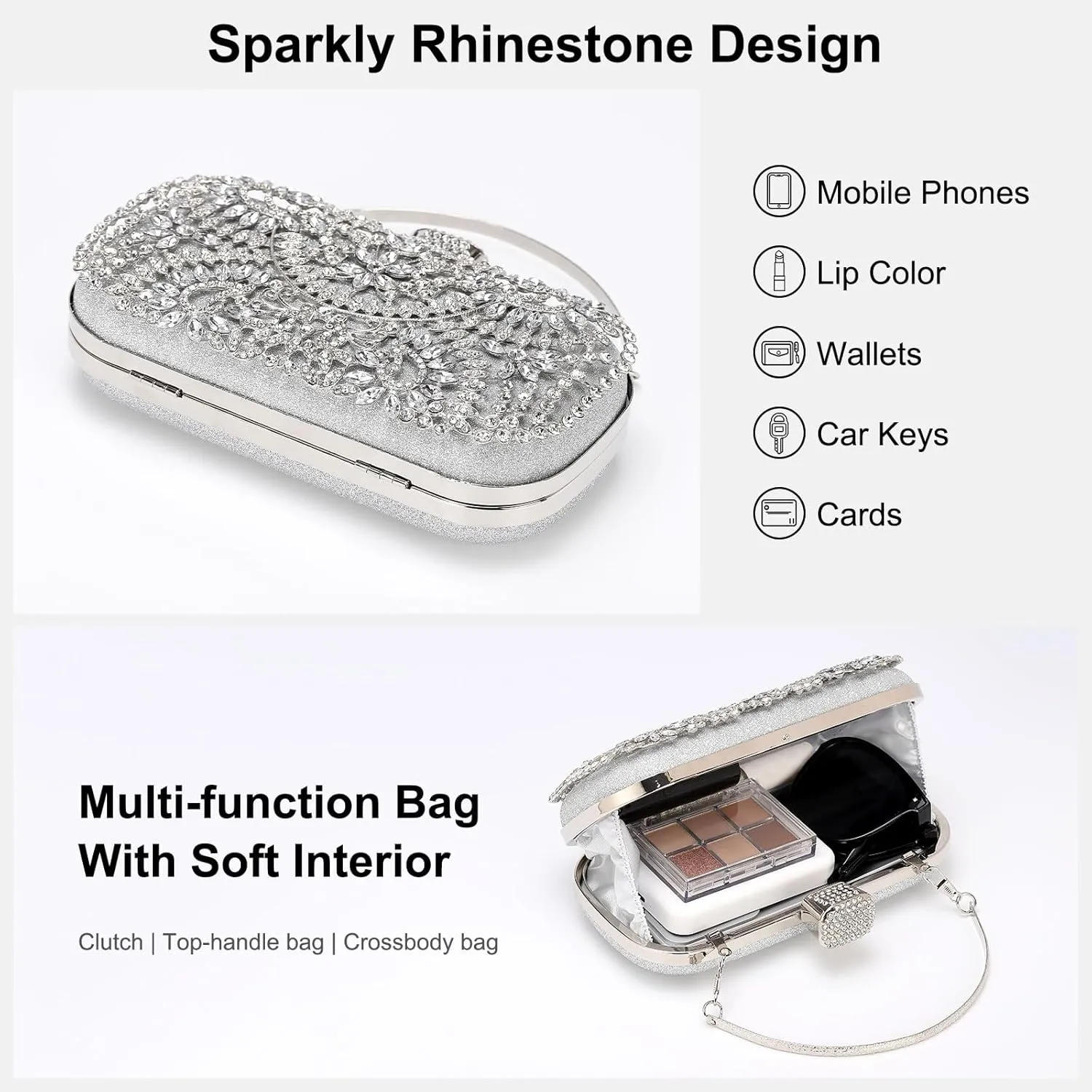 uxcell Evening Bags for Women, Sparkly Crystal Rhinestone Clutch Purse with Chain Strap Shoulder Bag Handbag