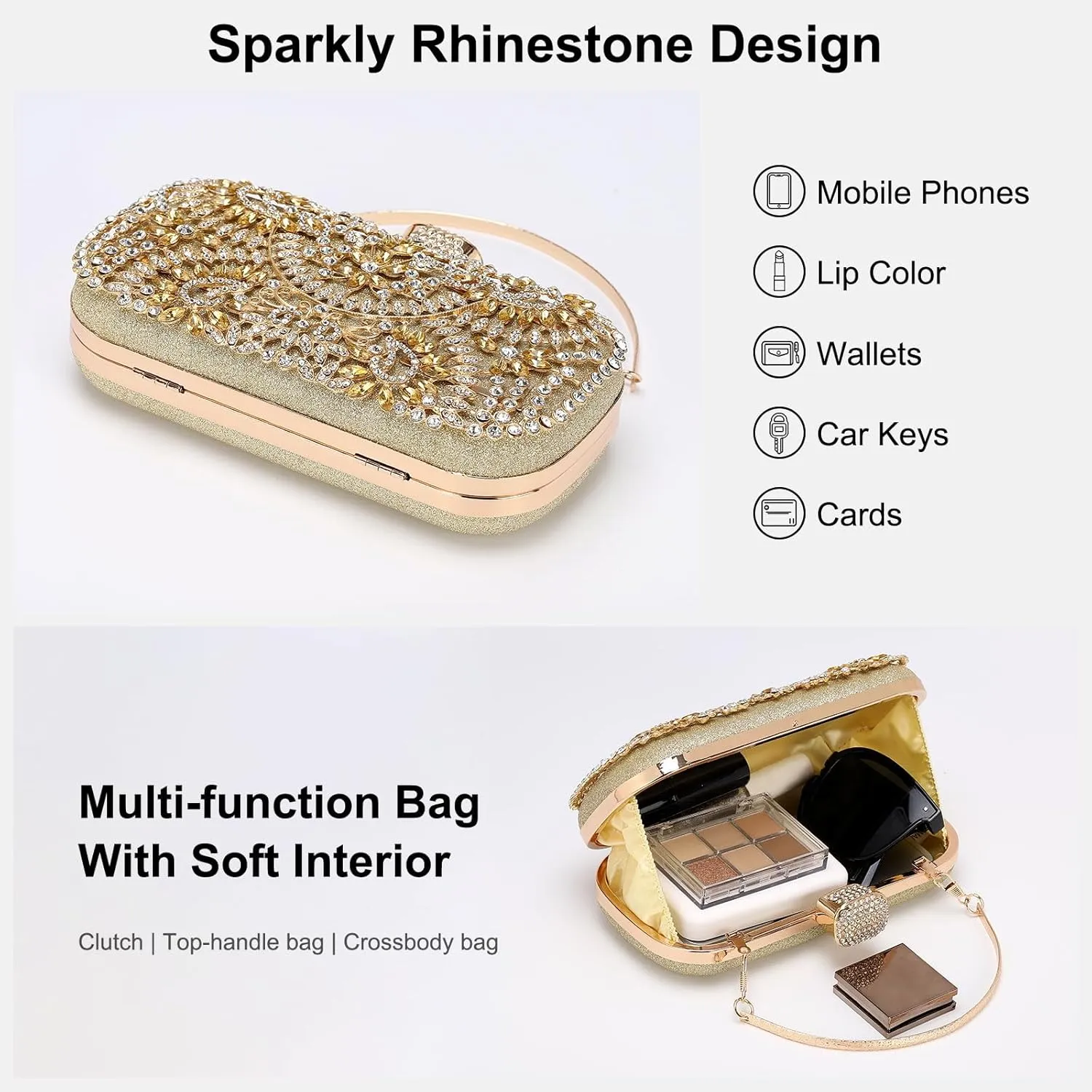 uxcell Evening Bags for Women, Sparkly Crystal Rhinestone Clutch Purse with Chain Strap Shoulder Bag Handbag