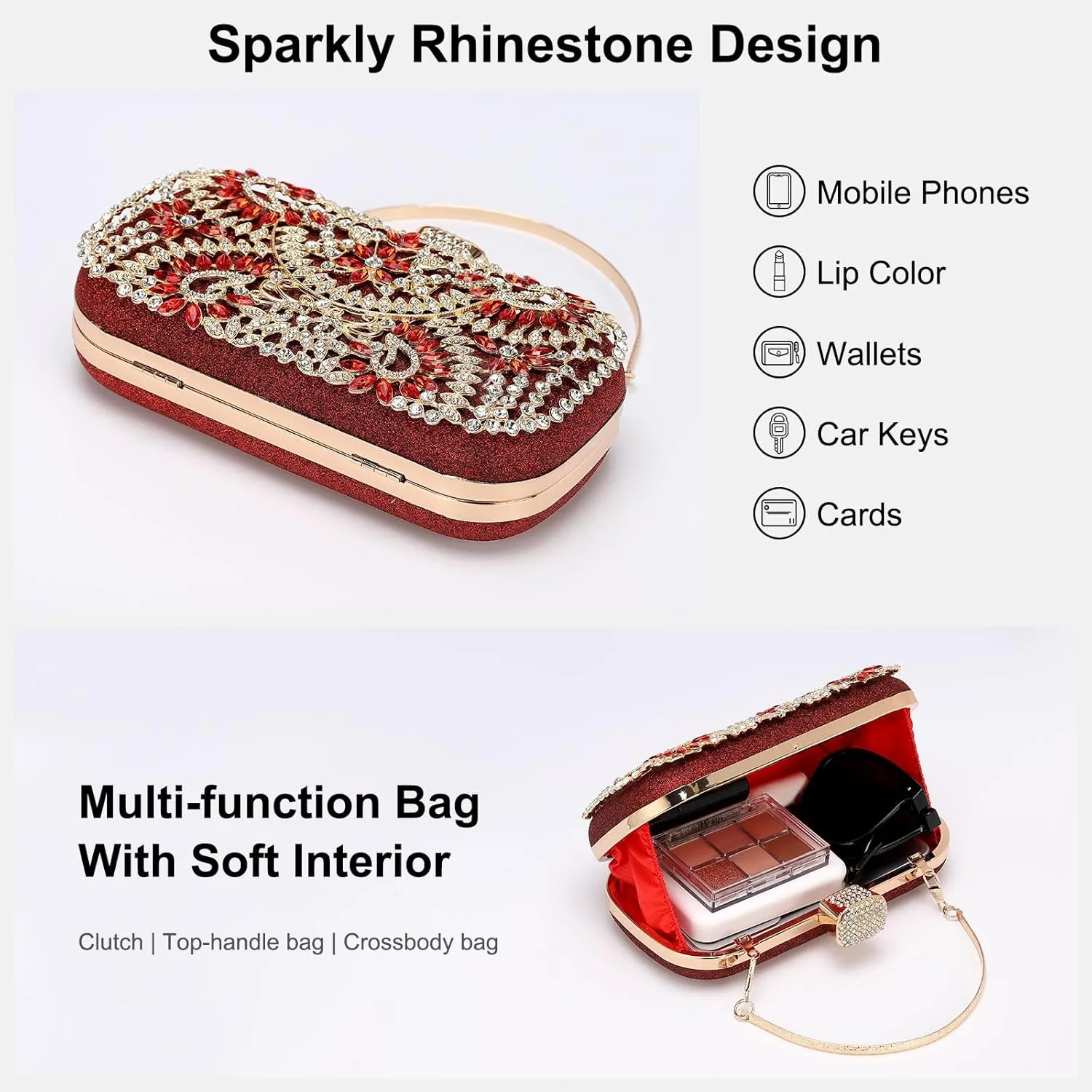 uxcell Evening Bags for Women, Sparkly Crystal Rhinestone Clutch Purse with Chain Strap Shoulder Bag Handbag