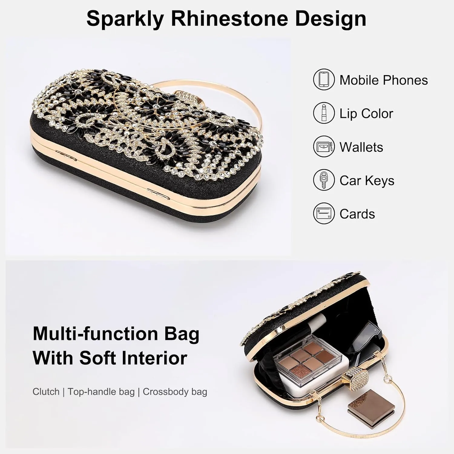 uxcell Evening Bags for Women, Sparkly Crystal Rhinestone Clutch Purse with Chain Strap Shoulder Bag Handbag
