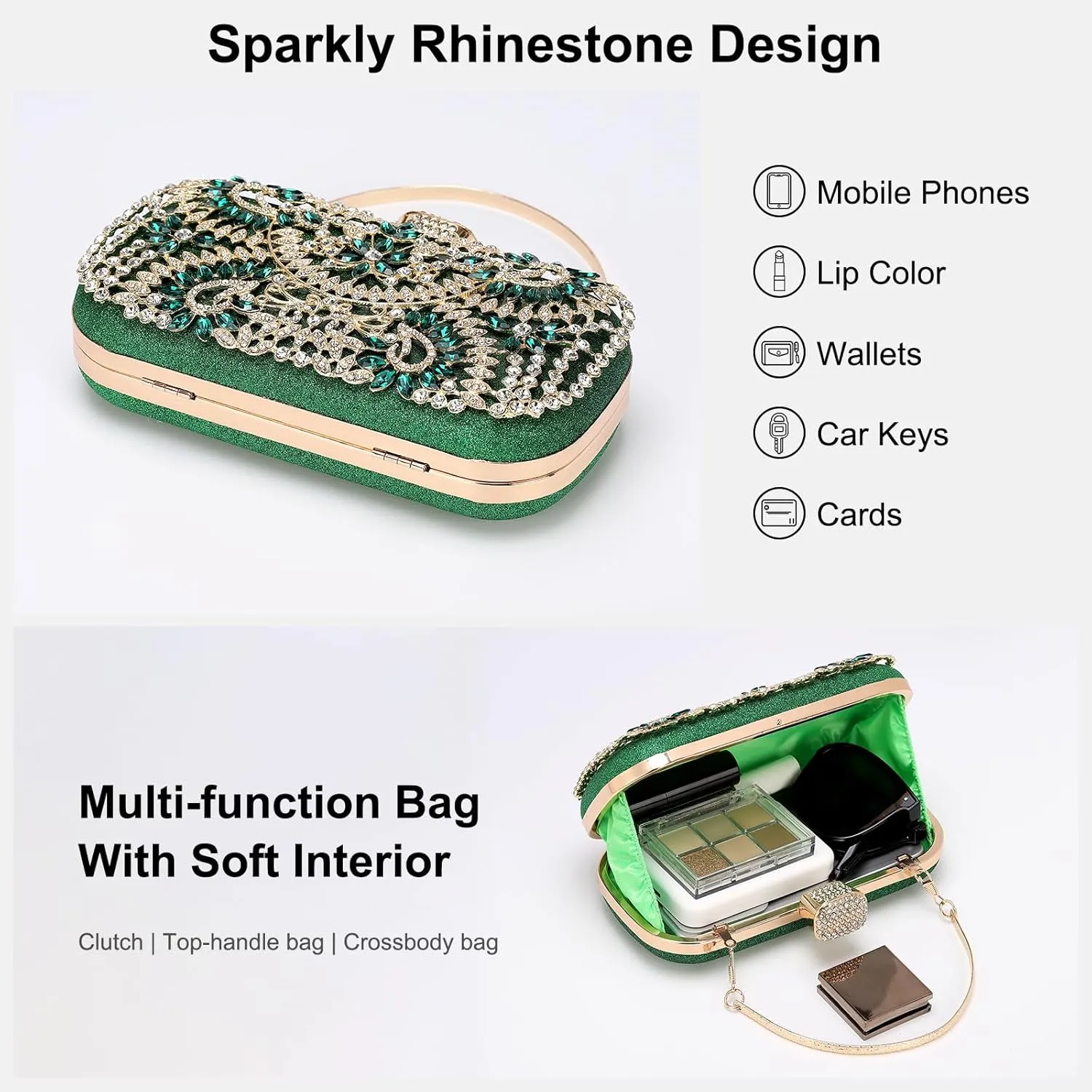uxcell Evening Bags for Women, Sparkly Crystal Rhinestone Clutch Purse with Chain Strap Shoulder Bag Handbag