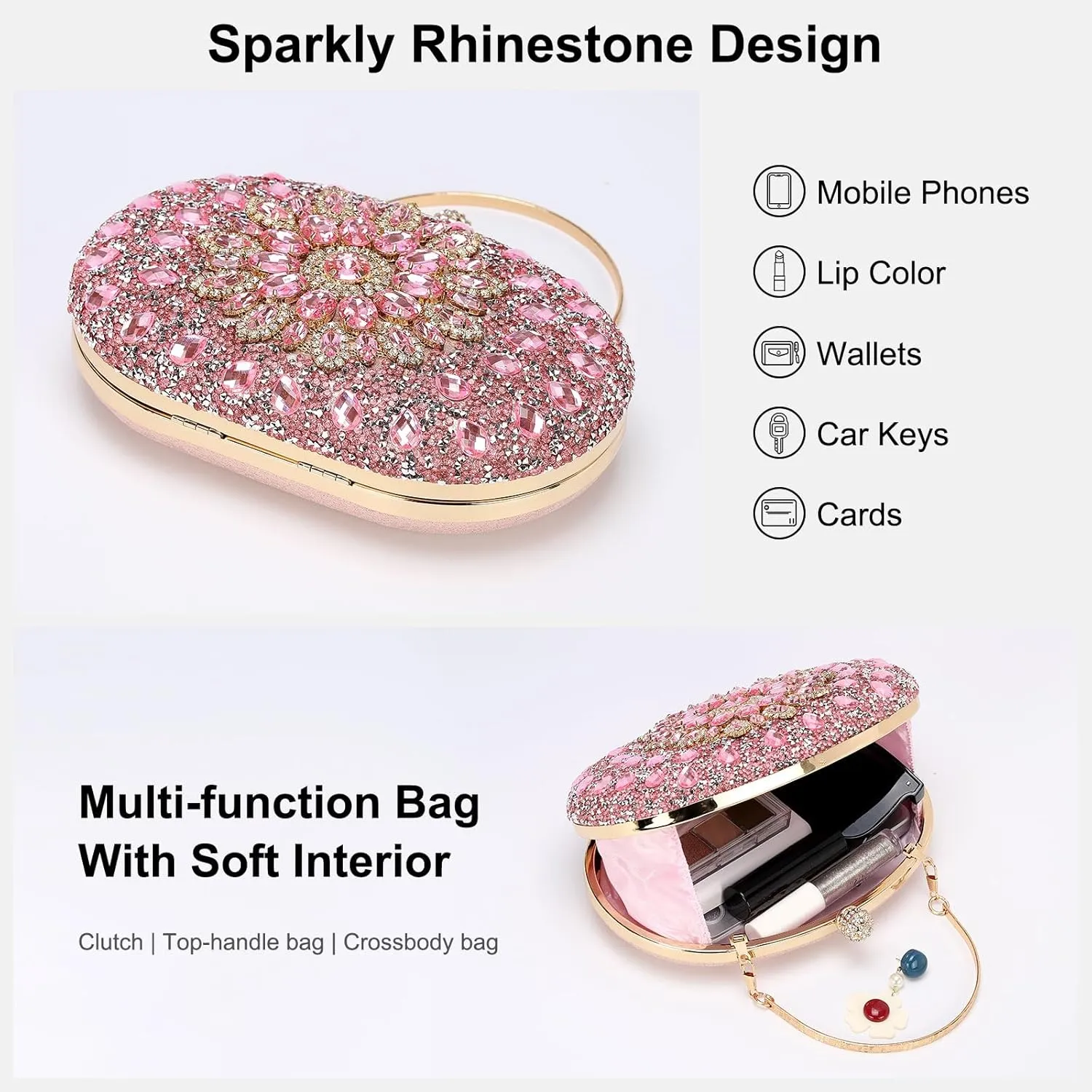 uxcell Evening Bags for Women, Sparkly Crystal Rhinestone Clutch Purse with Chain Strap Shoulder Bag Handbag