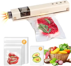 Vacuum Sealer with 40 Bags, 2 IN 1 Full Automatic Handheld and Countertop Sealer for Dry Moist Food, Built-in Magnetic Base&Cutter, for Sous Vide and Mason Jars, Viewing Tank, Compact, Beige
