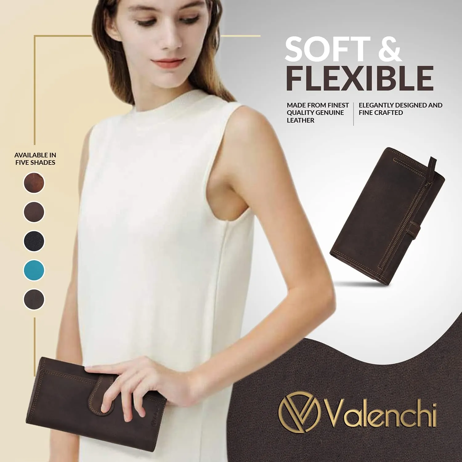 VALENCHI Wallet For Women - Small Leather Women's Wallet - Ladies Hand Clutch Purse - Travel - Credit Card Holder