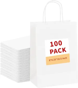 vanhel 100 Pcs White Gift Bags with Handles 8x4.25x10.5 Paper Bags with Handles Bulk, Paper Shopping Bags, Retail, Wedding, Party Favors bags - Grocery Bags Sacks Recyclable