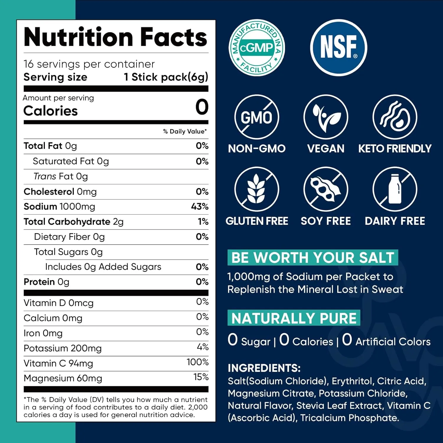 Venture Pal High Sodium Sugar Free Electrolytes Powder Packet - Hydration Packets with Sodium, Potassium & Magneisum | Zero Calories | Vegan | Keto & Paleo Friendly Electrolyte Drink Mix | 30 Stick