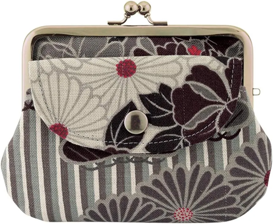 Vintage Floral Kiss Lock Coin Change Wallet Purses (Retro Flower - Black) / Made in Japan Pouch for Women