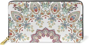 Vintage Mandala Porcelain Ceramic Tiles Islam, Arabic Indian, Motifs Leather Long Wallet Organizer with Zipper Purse Clutch Bag for Women Men Key Card Coin Passport Checkbook