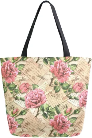 Vintage Paper Rose Canvas Tote Bag Grunge Retro Postal Stamps Watercolor Women Shoulder Bag Reusable Grocery Bags Large Handbag Travel Shopping Bag for School Nursing Gift Outdoors