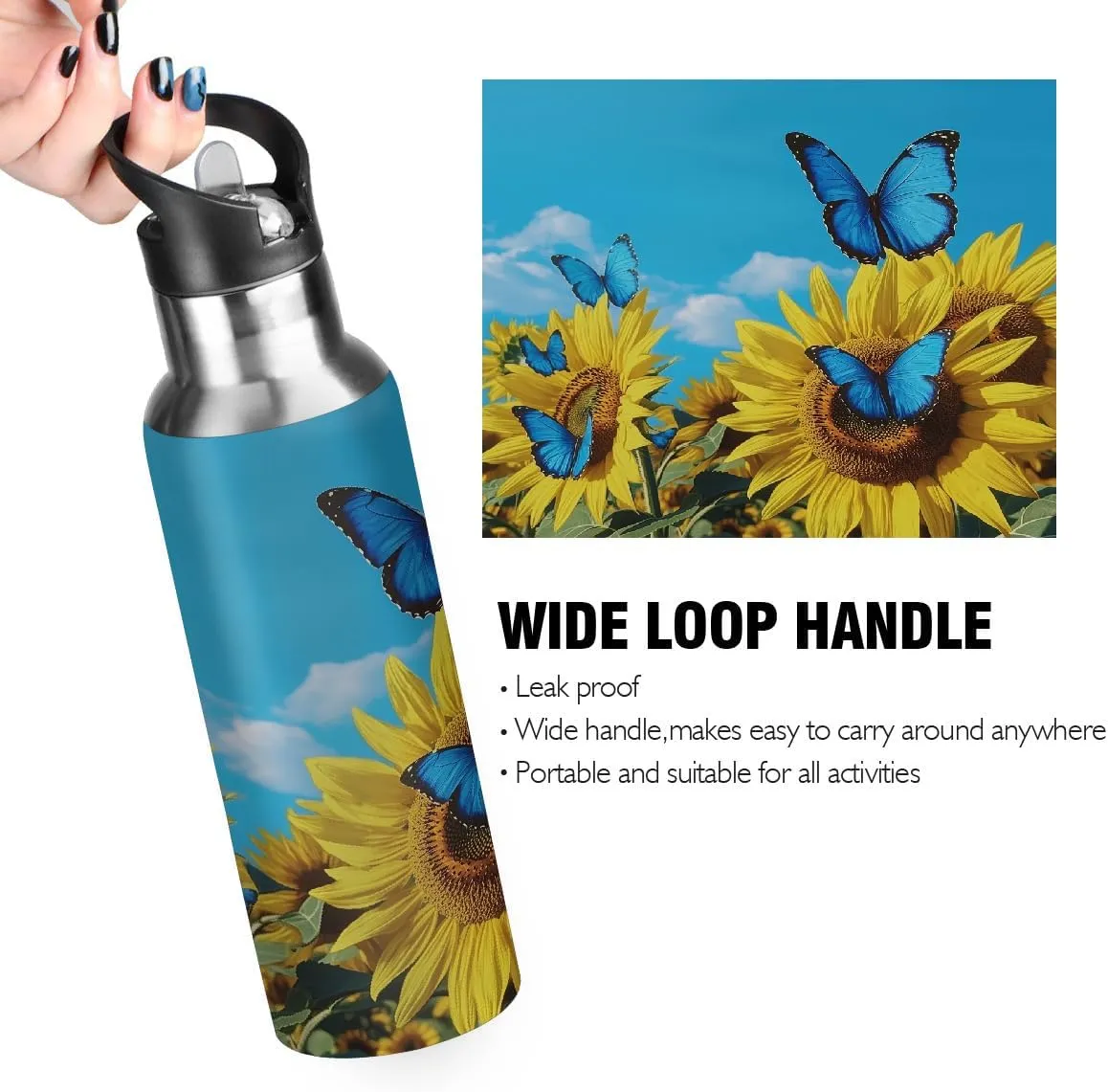 Water Bottle Stainless Steel, Sunflower Butterfly Cloud Insulated Sports Bottle with Straw, BPA Free Reusable Bottles for Fitness, Travel & Outdoor Activities