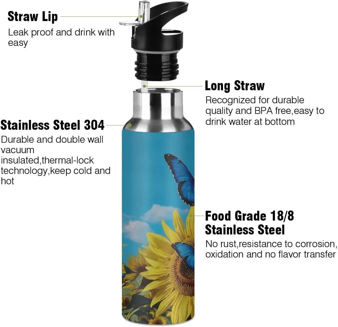 Water Bottle Stainless Steel, Sunflower Butterfly Cloud Insulated Sports Bottle with Straw, BPA Free Reusable Bottles for Fitness, Travel & Outdoor Activities