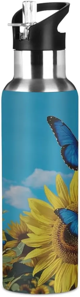 Water Bottle Stainless Steel, Sunflower Butterfly Cloud Insulated Sports Bottle with Straw, BPA Free Reusable Bottles for Fitness, Travel & Outdoor Activities