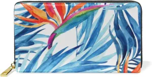 Watercolor Blue Tropical Leaves Summer Red Exotic Flowers on White Leather Long Wallet Organizer with Zipper Purse Clutch Bag for Women Men Key Card Coin Passport Checkbook