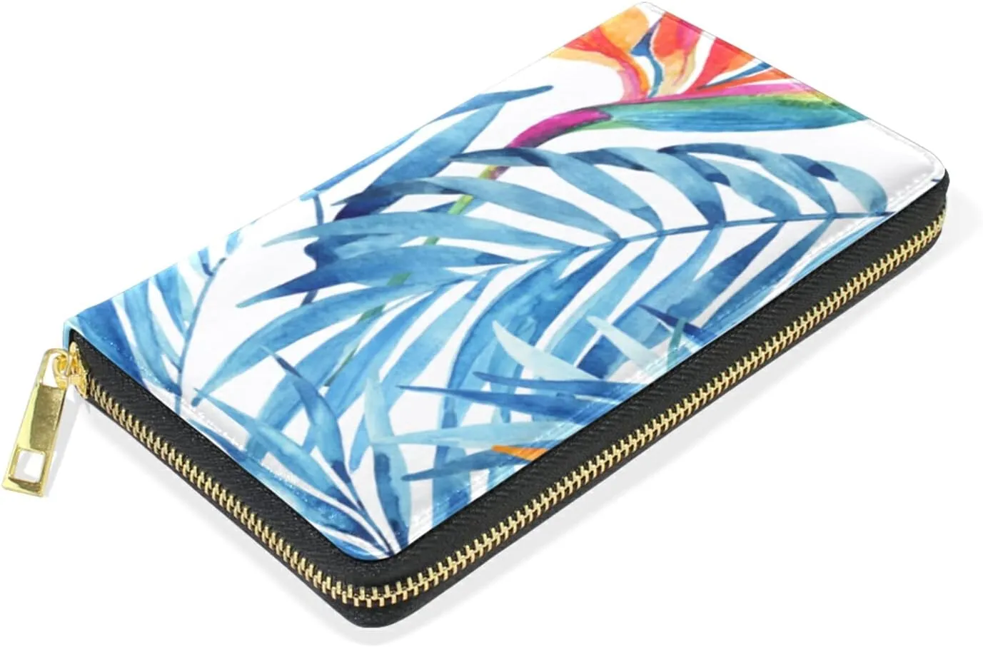 Watercolor Blue Tropical Leaves Summer Red Exotic Flowers on White Leather Long Wallet Organizer with Zipper Purse Clutch Bag for Women Men Key Card Coin Passport Checkbook