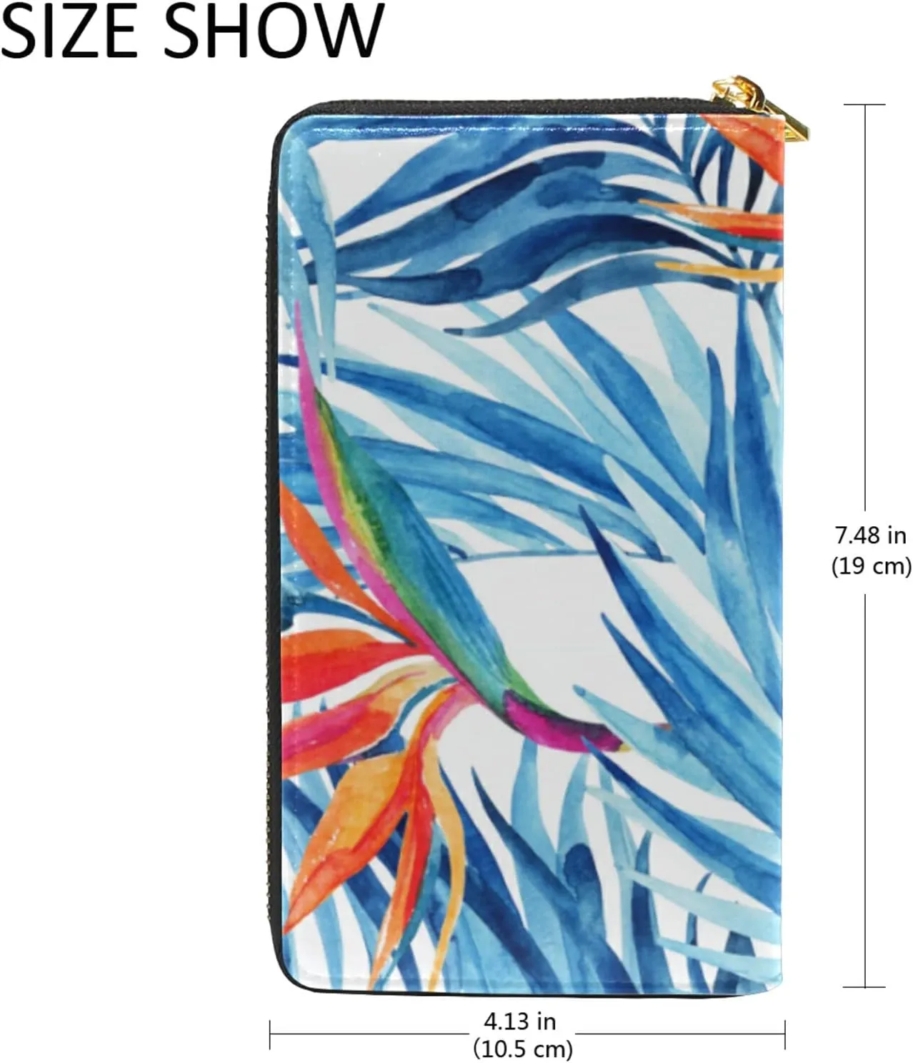 Watercolor Blue Tropical Leaves Summer Red Exotic Flowers on White Leather Long Wallet Organizer with Zipper Purse Clutch Bag for Women Men Key Card Coin Passport Checkbook