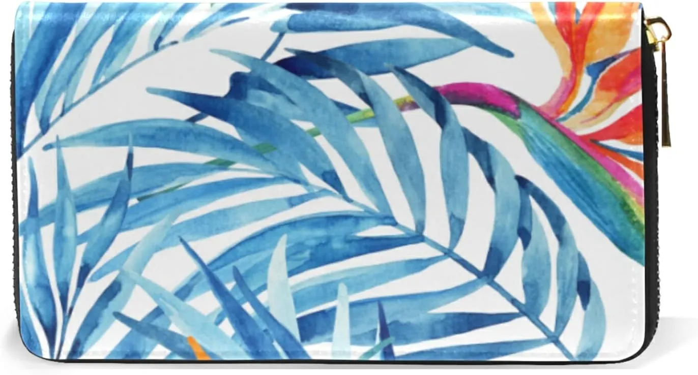Watercolor Blue Tropical Leaves Summer Red Exotic Flowers on White Leather Long Wallet Organizer with Zipper Purse Clutch Bag for Women Men Key Card Coin Passport Checkbook