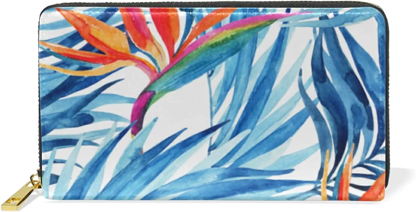 Watercolor Blue Tropical Leaves Summer Red Exotic Flowers on White Leather Long Wallet Organizer with Zipper Purse Clutch Bag for Women Men Key Card Coin Passport Checkbook