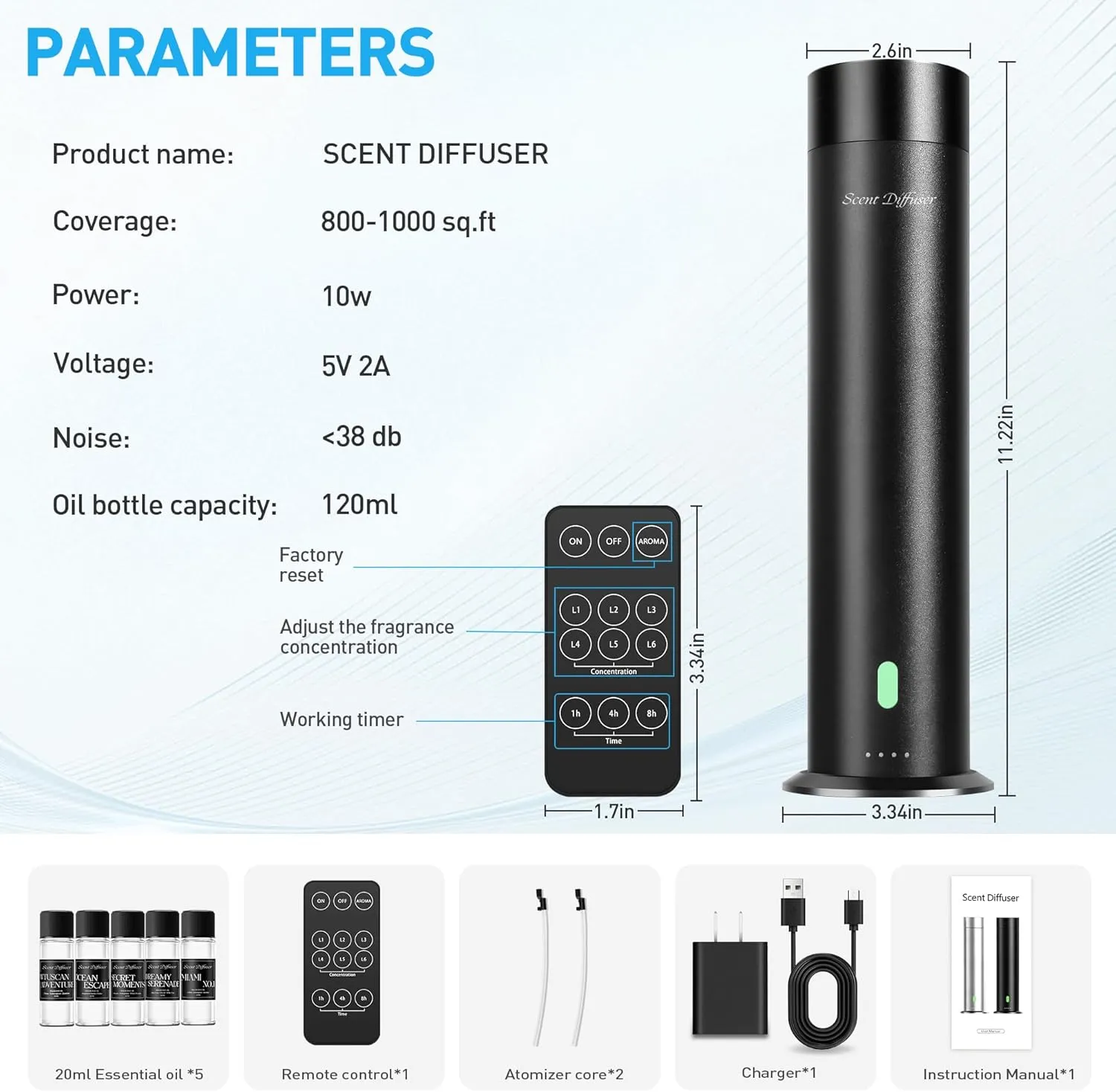 Waterless Scent Diffuser Starter Kit - 800 Sq Ft Coverage, Hotel Scent Diffuser, Essential Oil Diffuser Large Room, Included 5 Scent Oils, Remote Control, Black, 11.20In