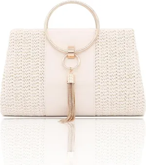 Weave Straw Handbag for Women Tassels Straw Clutch Summer Evening Party Bag Elegant Beach Top Handle Purse with Chain