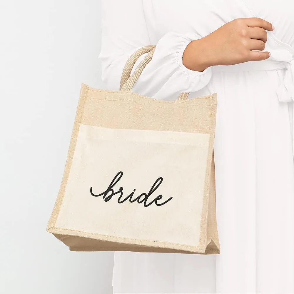 WEDDINGSTAR Personalized Medium Woven Jute Tote Bag With Pocket