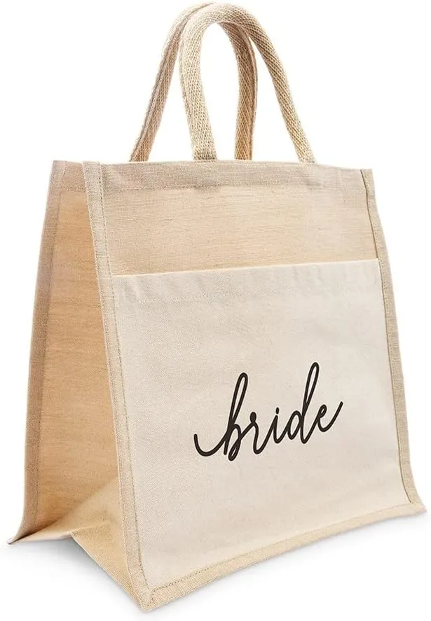 WEDDINGSTAR Personalized Medium Woven Jute Tote Bag With Pocket