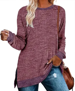 WELINCO Womens Crewneck Pullovers Color Block Long Sleeve Side Split Tunic Tops