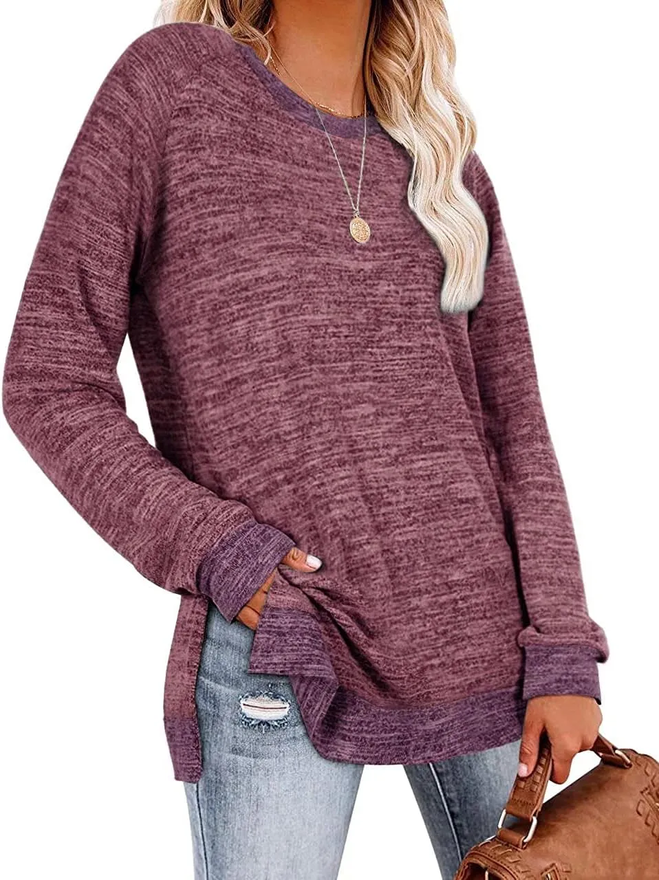 WELINCO Womens Crewneck Pullovers Color Block Long Sleeve Side Split Tunic Tops