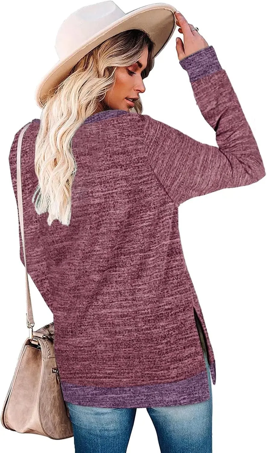 WELINCO Womens Crewneck Pullovers Color Block Long Sleeve Side Split Tunic Tops