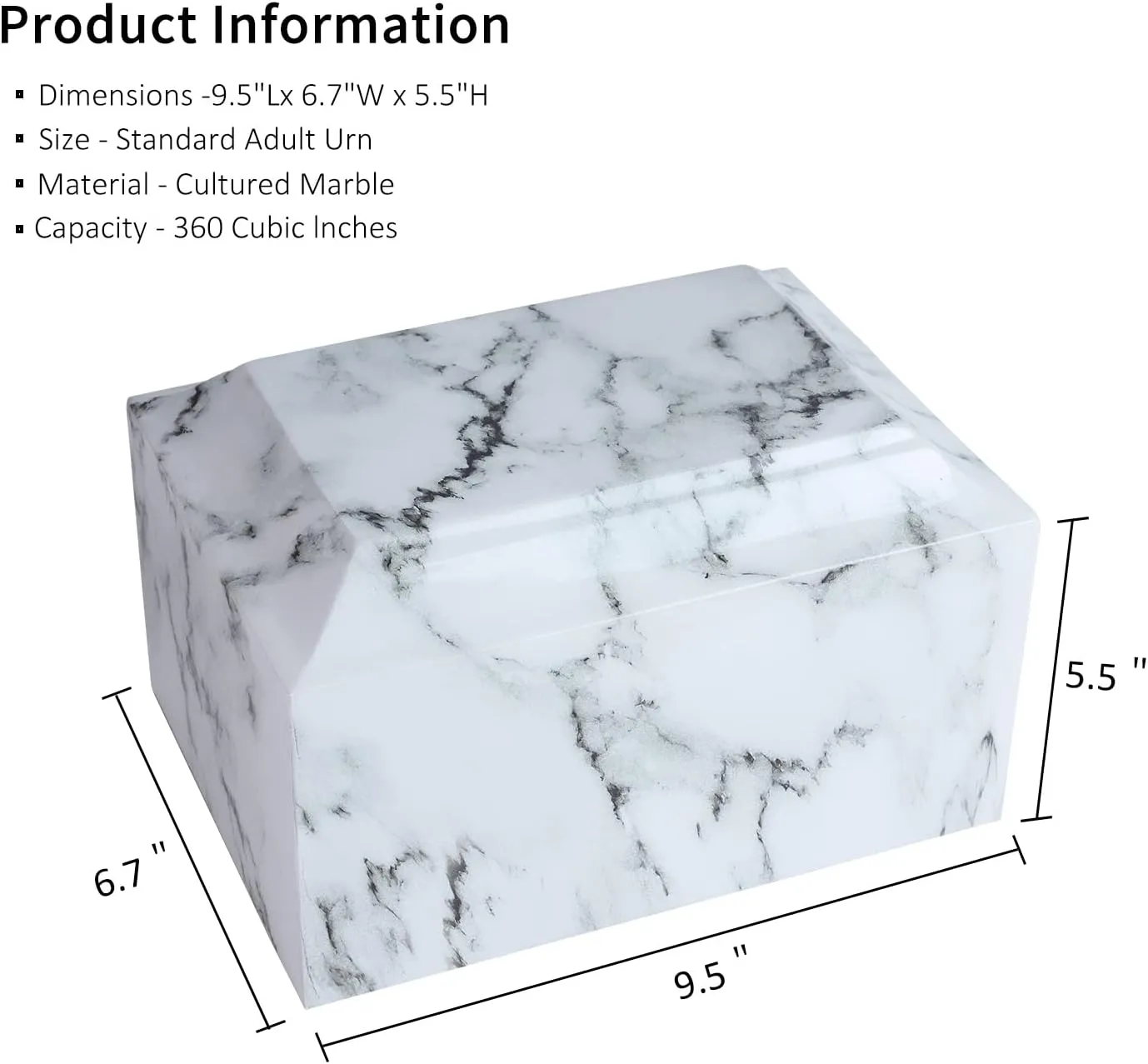 White Classic Cultured Marble Cremation Urn for Adult Ashes, Urn for Human Ashes, Adult Sized Memorial Urn for Ground Burial or Home Memorial