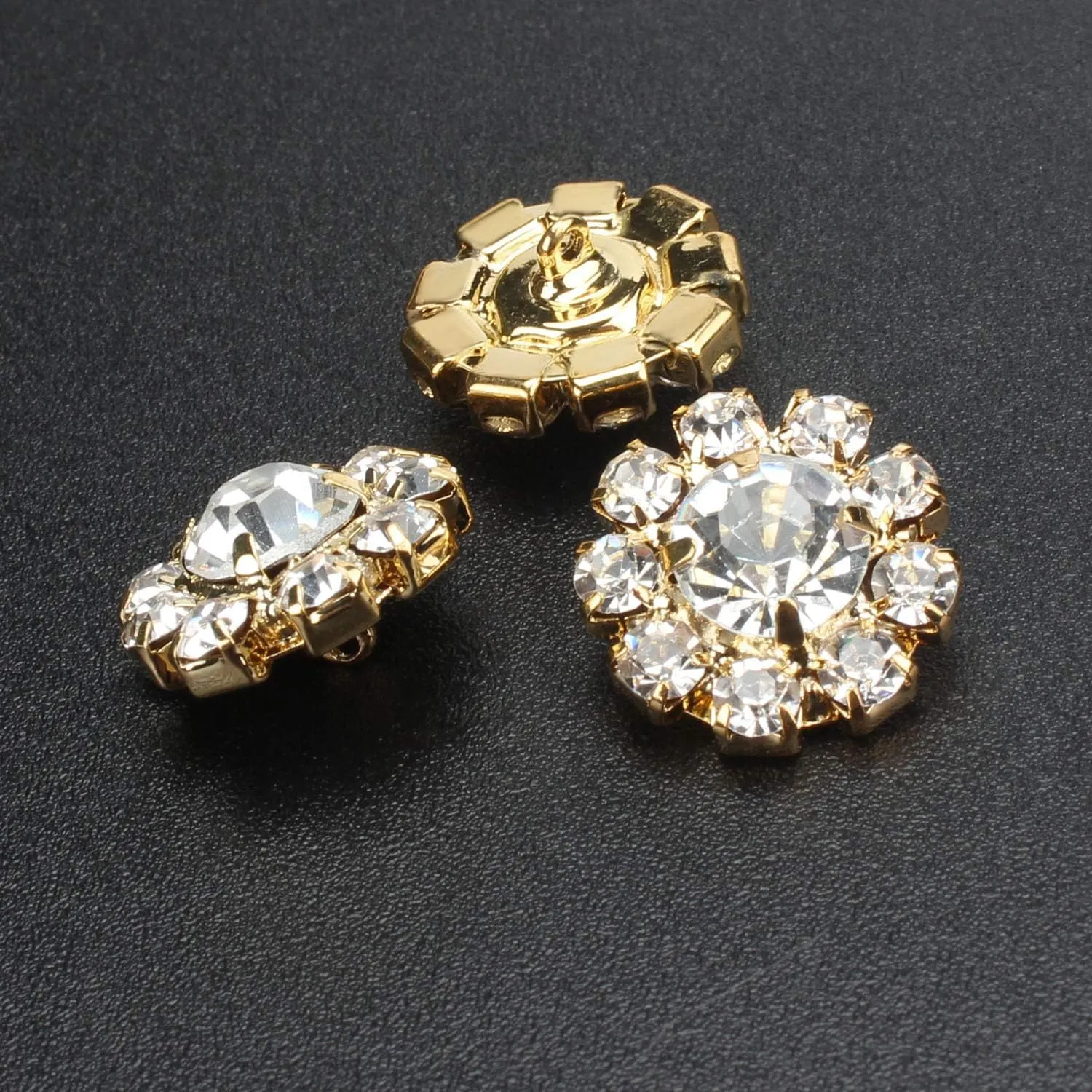 Wholesale 24PCS 16MM Gold Plated Metal Clear Rhinestone Glass Buttons Supplies Bulk for Craft (Shank)