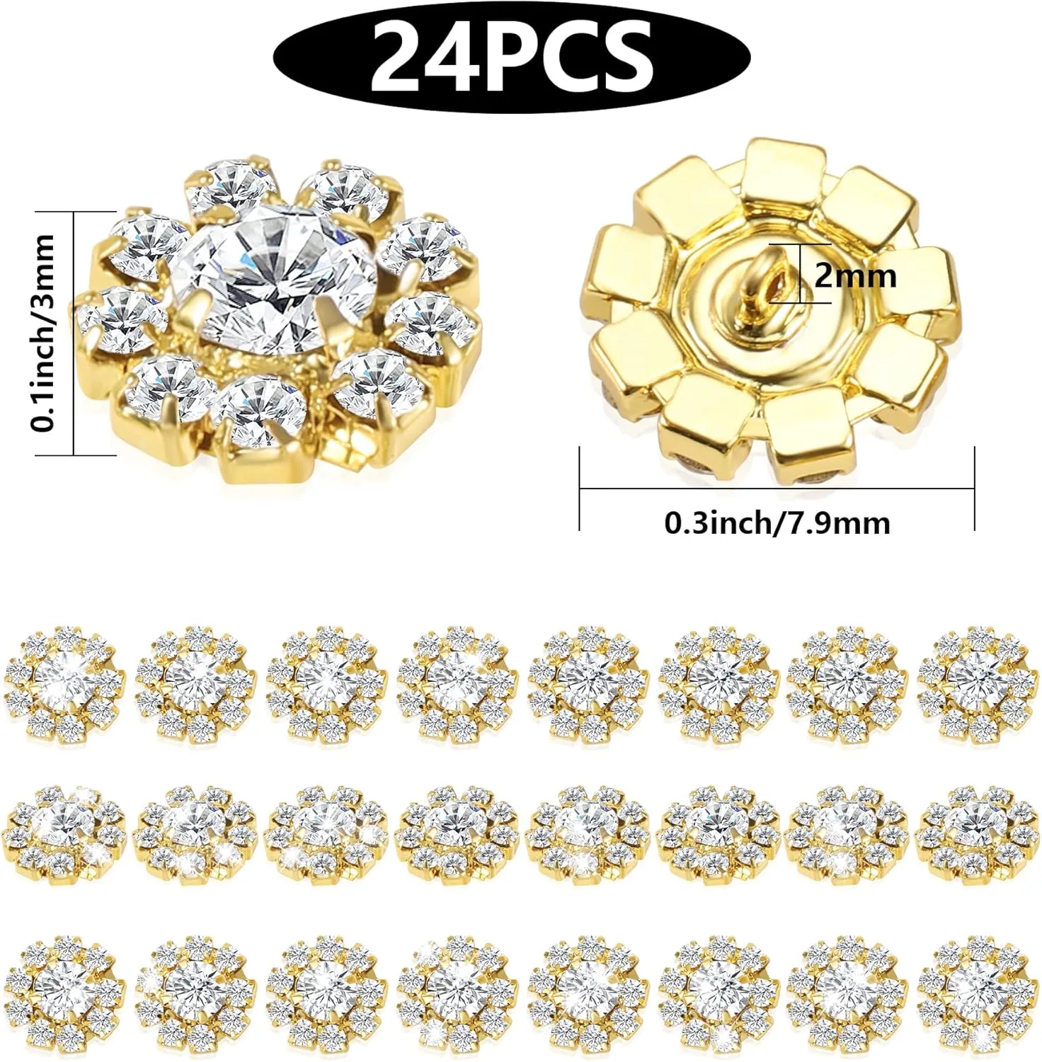 Wholesale 24PCS 16MM Gold Plated Metal Clear Rhinestone Glass Buttons Supplies Bulk for Craft (Shank)