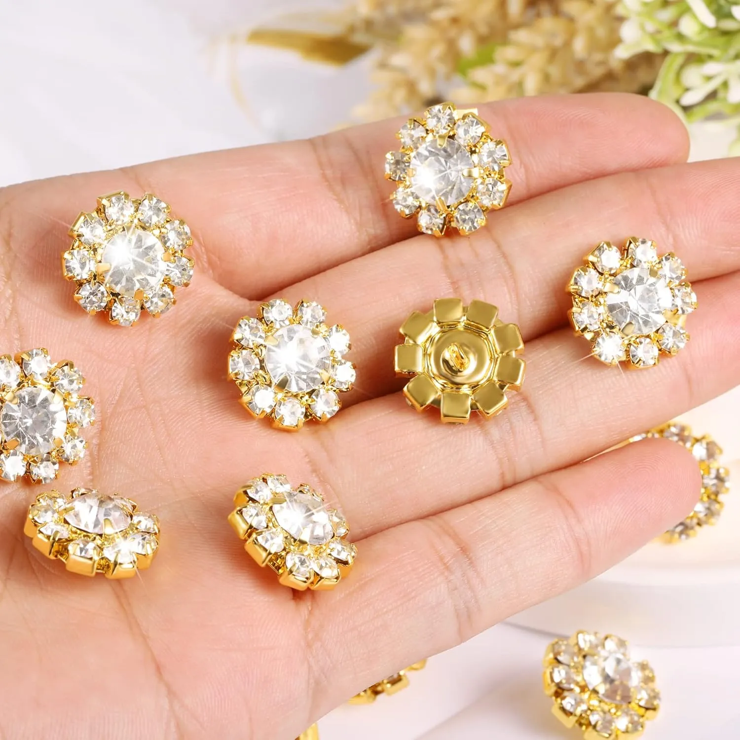 Wholesale 24PCS 16MM Gold Plated Metal Clear Rhinestone Glass Buttons Supplies Bulk for Craft (Shank)