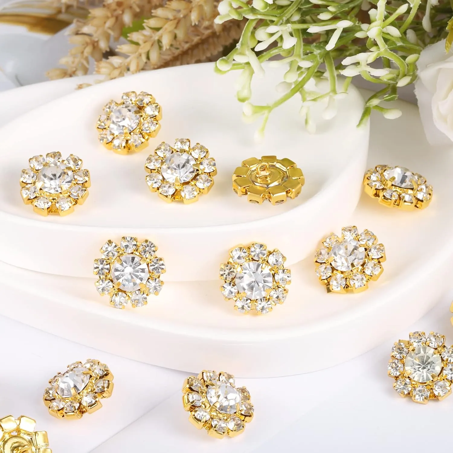 Wholesale 24PCS 16MM Gold Plated Metal Clear Rhinestone Glass Buttons Supplies Bulk for Craft (Shank)