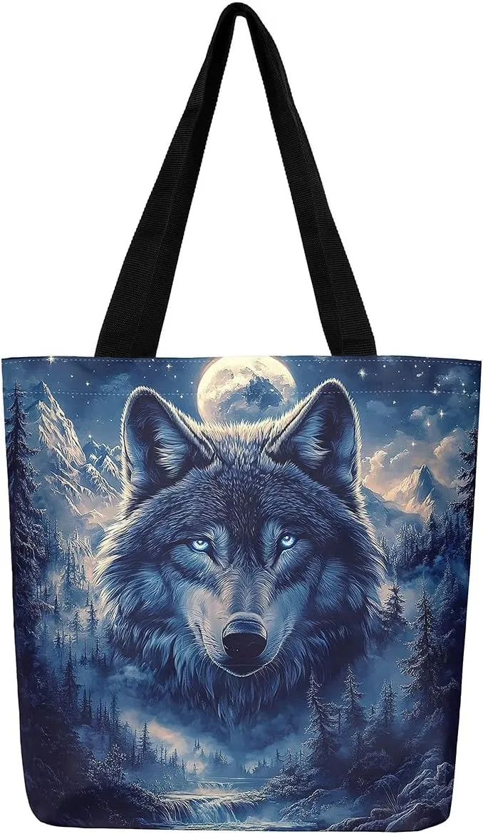 Wild Wolf Canvas Tote Bags for Women,Mysterious Jungle Moonnight Large Capacity Shoulder Handbags,19.7x15.7 Inch