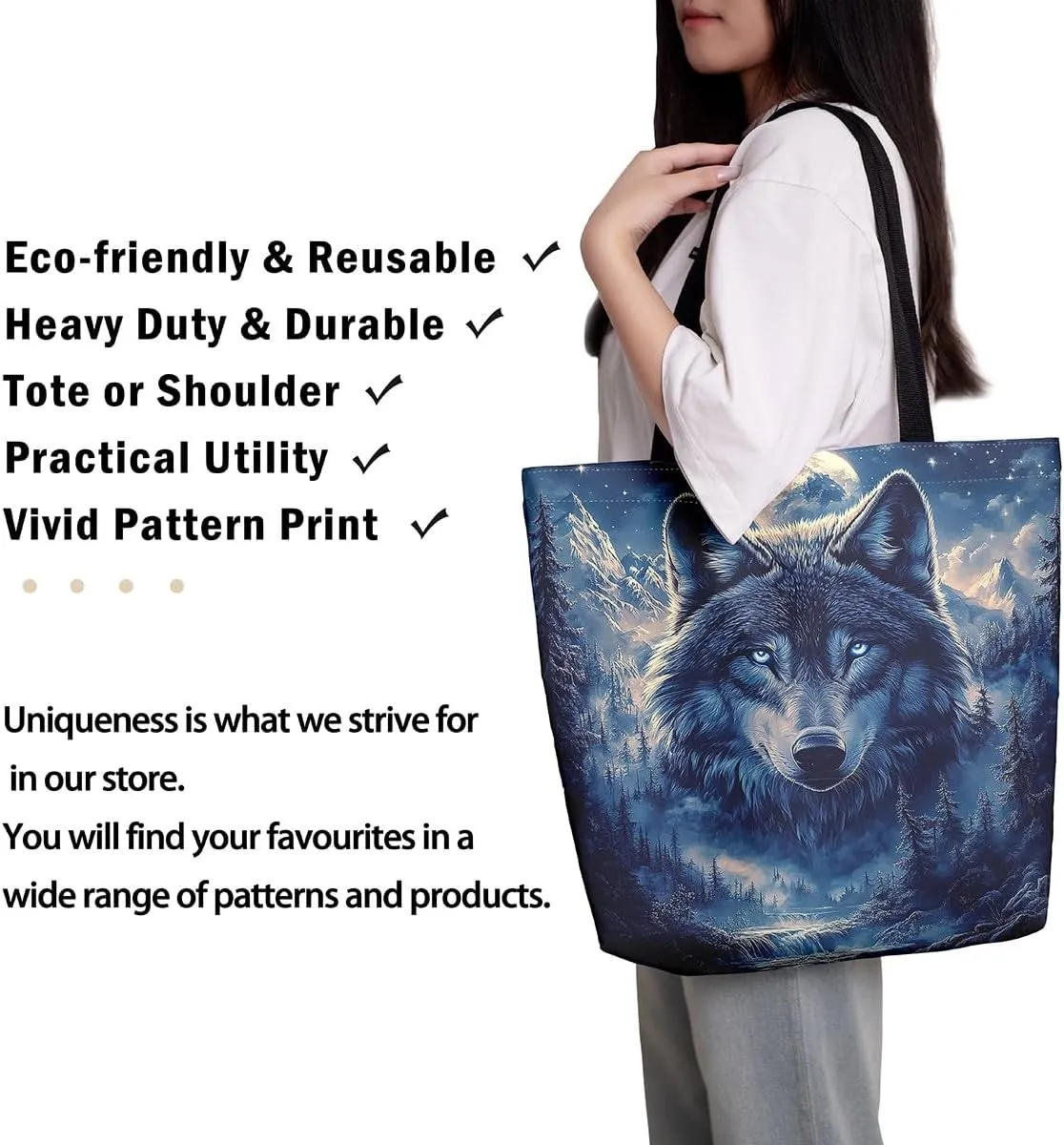 Wild Wolf Canvas Tote Bags for Women,Mysterious Jungle Moonnight Large Capacity Shoulder Handbags,19.7x15.7 Inch