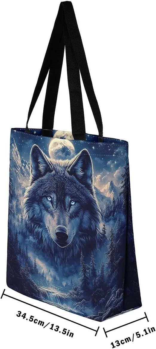 Wild Wolf Canvas Tote Bags for Women,Mysterious Jungle Moonnight Large Capacity Shoulder Handbags,19.7x15.7 Inch