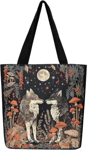 Wild Wolf Canvas Tote Bags for Women,Mysterious Jungle Moonnight Large Capacity Shoulder Handbags,19.7x15.7 Inch