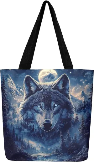 Wild Wolf Canvas Tote Bags for Women,Mysterious Jungle Moonnight Large Capacity Shoulder Handbags,19.7x15.7 Inch