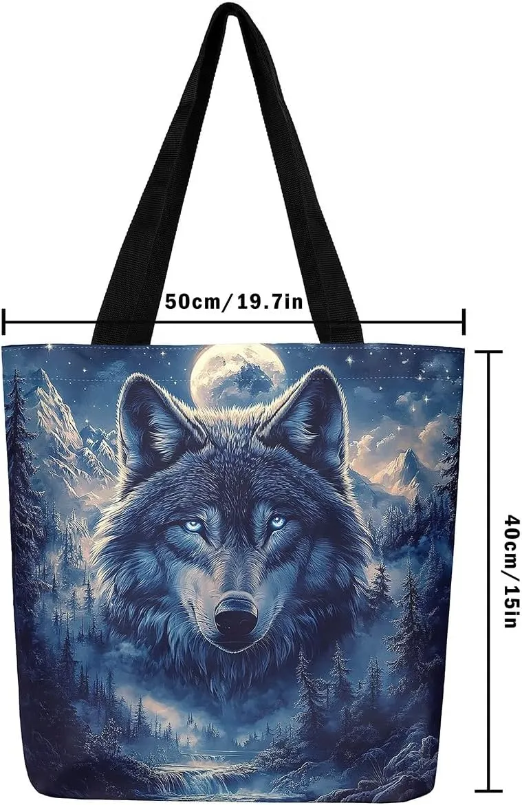 Wild Wolf Canvas Tote Bags for Women,Mysterious Jungle Moonnight Large Capacity Shoulder Handbags,19.7x15.7 Inch