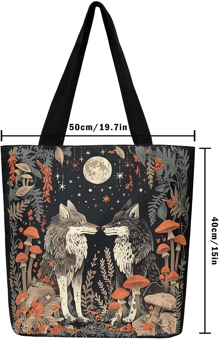 Wild Wolf Canvas Tote Bags for Women,Mysterious Jungle Moonnight Large Capacity Shoulder Handbags,19.7x15.7 Inch
