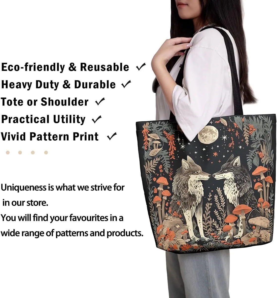 Wild Wolf Canvas Tote Bags for Women,Mysterious Jungle Moonnight Large Capacity Shoulder Handbags,19.7x15.7 Inch
