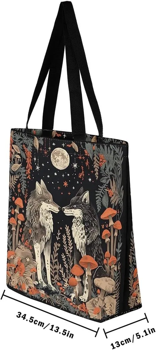 Wild Wolf Canvas Tote Bags for Women,Mysterious Jungle Moonnight Large Capacity Shoulder Handbags,19.7x15.7 Inch