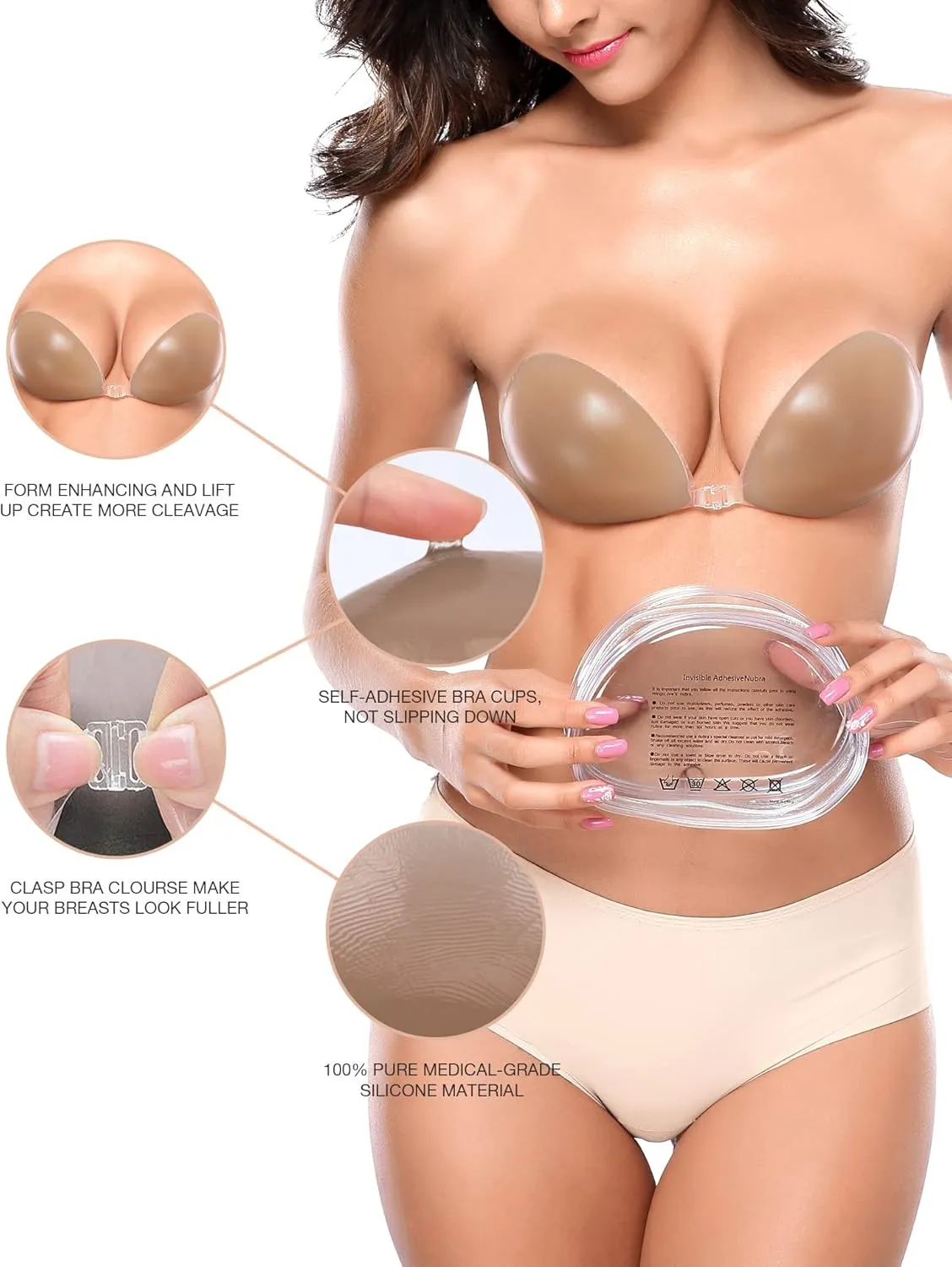 Wingslove Adhesive Bra Reusable Strapless Self Silicone Push-up Invisible Sticky Bras for Backless Dress
