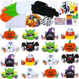 Winlyn 24 Sets Halloween Headbands Craft Kits Crown Art Sets Jack-o'-lantern Candy Corns Ghost Monster Bat Paper Hat with Halloween Foam Stickers for Kids Halloween Classroom Activities Party Favors
