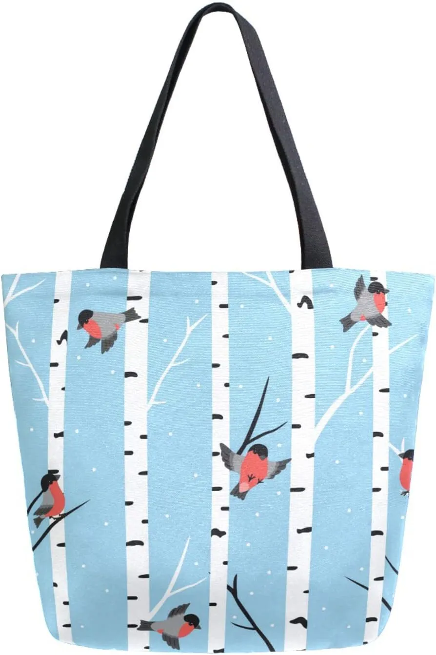 Winter Birch Trees Canvas Tote Bag Bullfinches Women Shoulder Bag Reusable Grocery Bags Large Handbag Travel Shopping Bag for School Nursing Gift Outdoors