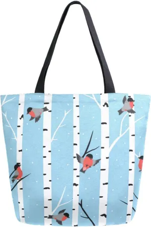 Winter Birch Trees Canvas Tote Bag Bullfinches Women Shoulder Bag Reusable Grocery Bags Large Handbag Travel Shopping Bag for School Nursing Gift Outdoors