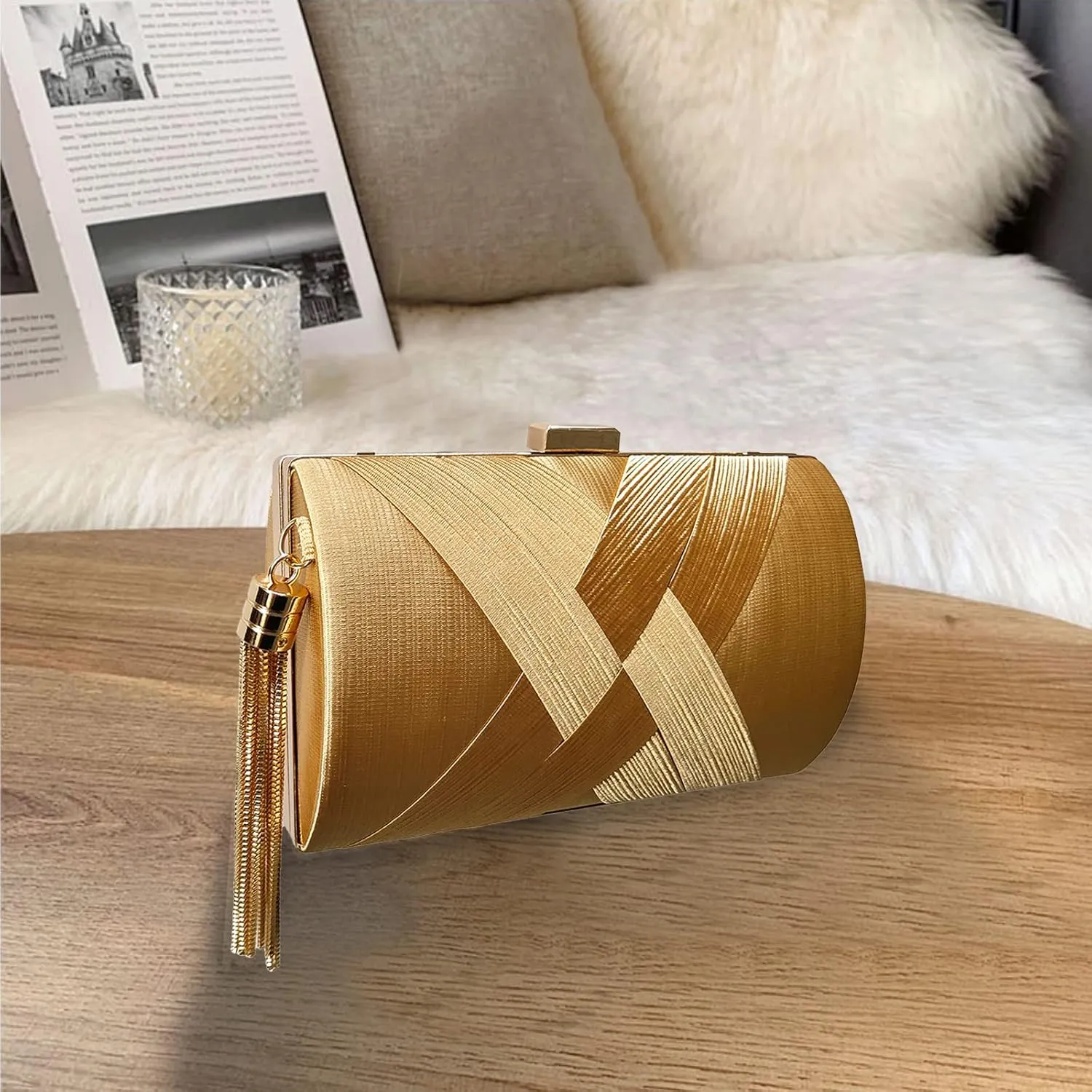 Women Clutch Bag Evening Bag with Tassel Pendant Bridal Wedding Purse Ladies Shoulder Bag With Detachable Chain